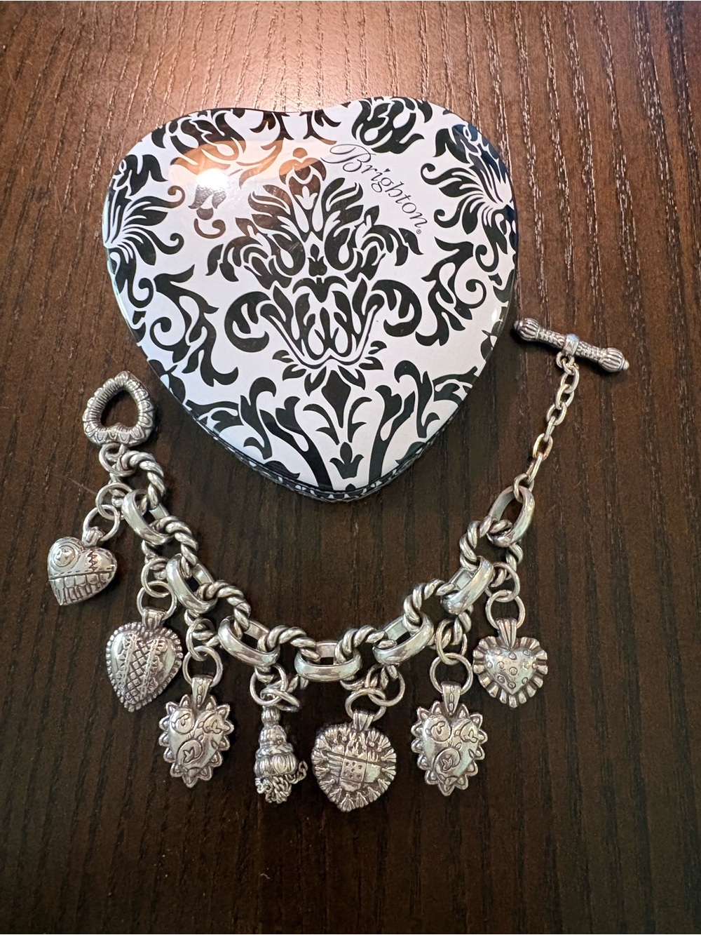 Brighton Silver Heart Charm Toggle Bracelet with Decorative Charms